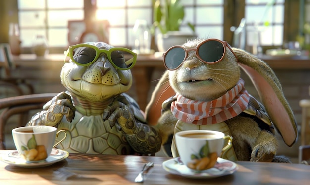 Dois animais de desenho animado uma tartaruga e um coelho estão sentados em uma mesa com xícaras de café