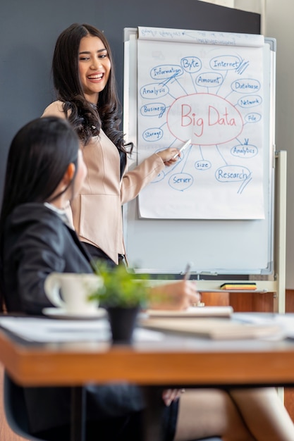 Dois, asiático, executiva, com, formal, paleto, trabalhando, e, brainstorming, junto, com, tecnologia, computador