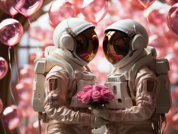 Dois astronautas com rosas de frente um para o outro entre balões cor-de-rosa conceito de Dia dos Namorados IA generativa