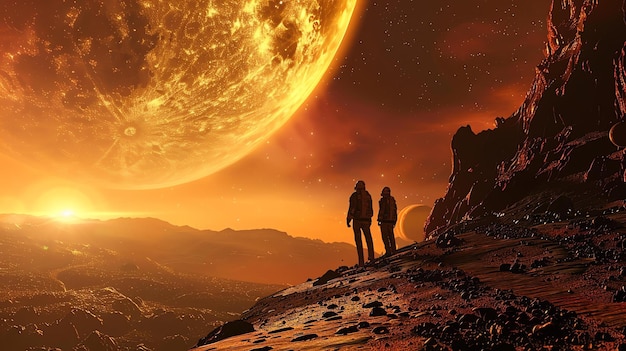 Dois astronautas estão em uma lua rochosa ou em uma paisagem semelhante a Marte e observam o nascer ou o pôr-do-sol