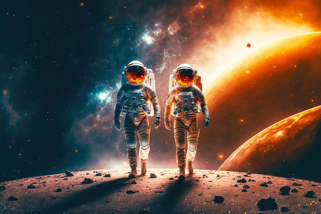 Foto dois astronautas flutuantes andando no planeta contra o fundo do céu estrelado