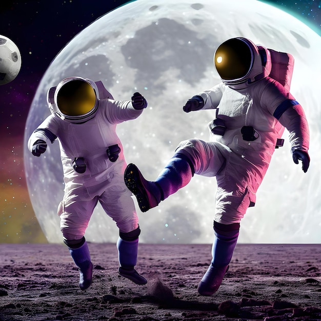 Foto dois astronautas jogando futebol no espaço lunar