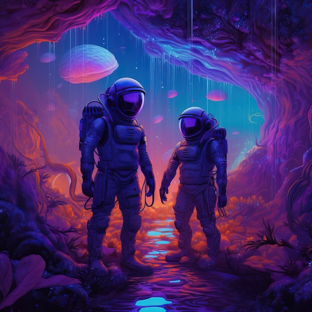 Dois astronautas numa caverna.