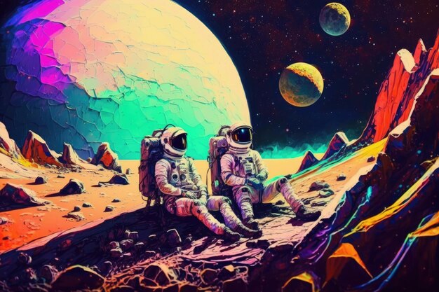 Dois astronautas relaxam na lua enquanto olham para o espaço Generative AI