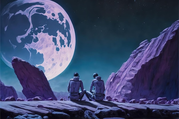 Dois astronautas sentados em rochas olhando para o céu noturno ilustração de estilo de arte digital pintura conceito de fantasia de Dois astronautas sentados em rochas