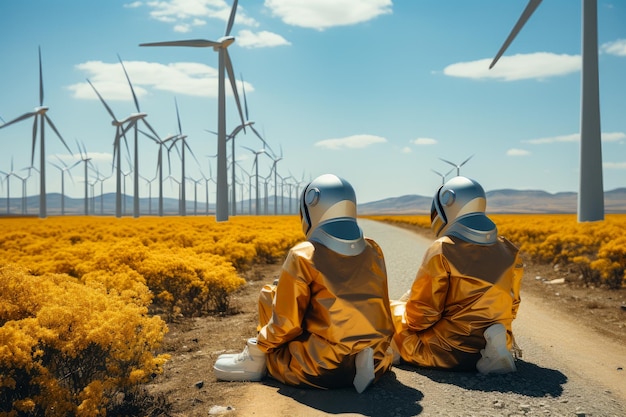 Dois astronautas sentam-se na estrada contra o fundo de moinhos de vento