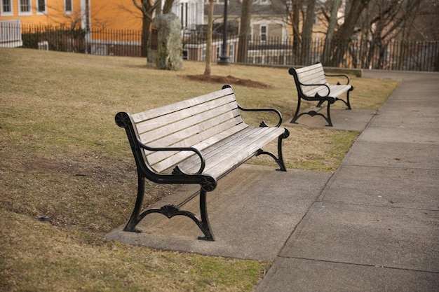 Dois bancos estão sentados na calçada de um parque.