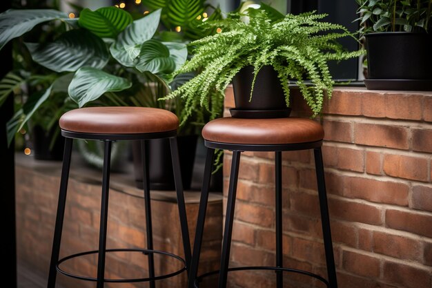 Foto dois banquetes sentados ao lado de um bar com uma planta na parte superior