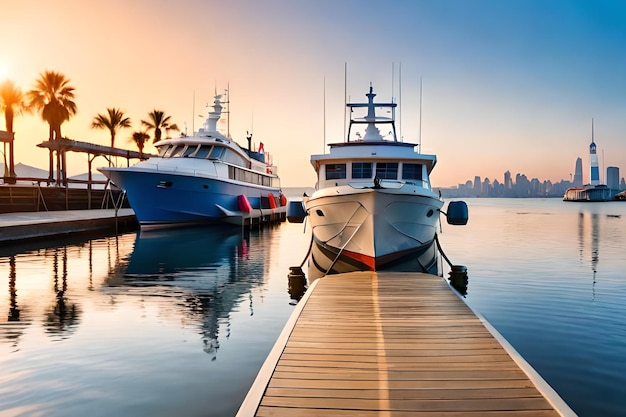 Dois barcos ancorados em uma doca com o horizonte de uma cidade ao fundo