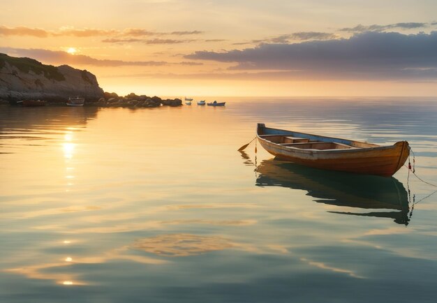 Dois barcos de remo ancorados no mar calmo ao nascer do sol