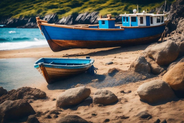 dois barcos em uma praia com um barco azul no fundo