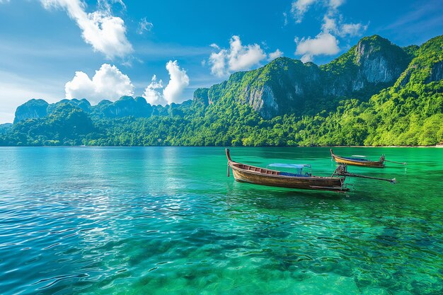 dois barcos estão flutuando na água com montanhas ao fundo