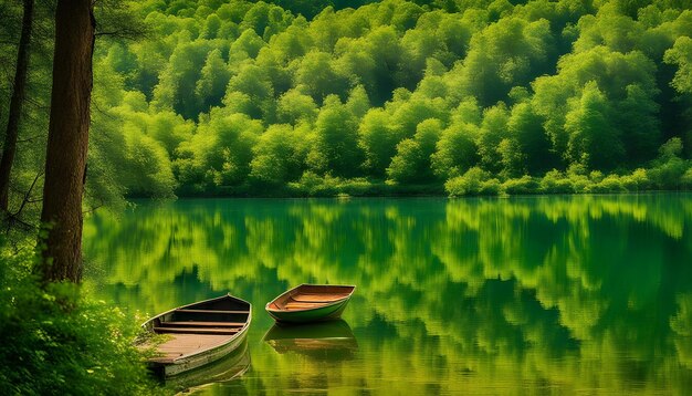 dois barcos estão na água com as árvores ao fundo