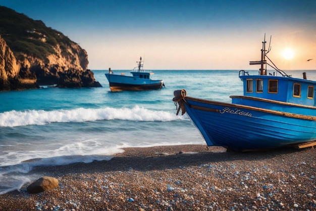 Foto dois barcos estão na praia e um é azul.