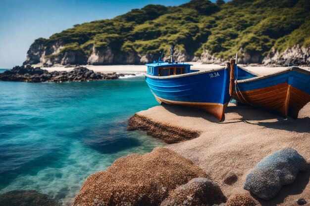 Foto dois barcos estão numa praia e um é azul.