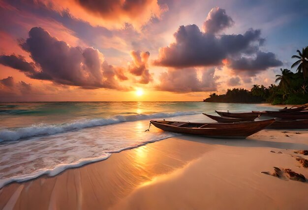 Foto dois barcos na praia com um pôr-do-sol no fundo