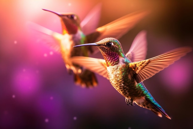 Foto dois beija-flores estão voando na frente de um fundo colorido.