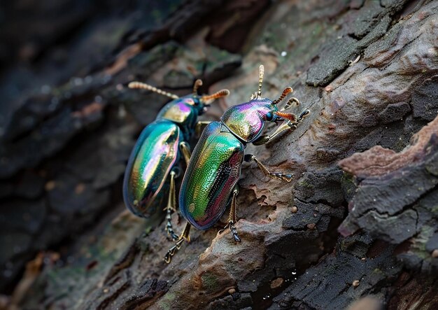Foto dois besouros estão em um tronco um tem uma cor roxa e verde