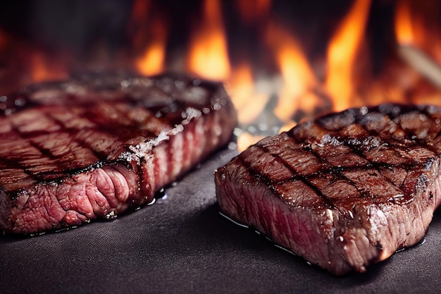 Dois bifes sentados um ao lado do outro em frente a uma IA geradora de fogo