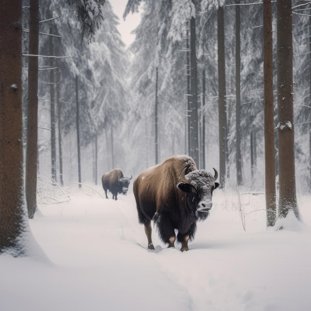 Dois bisões andando na neve na frente de uma árvore.