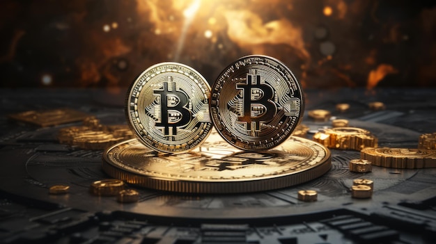 dois bitcoins dourados fundo da tecnologia bitcoin conceito de investimento em criptomoedas