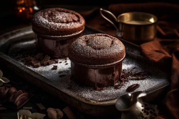 Dois bolos de chocolate em uma bandeja com chocolate e grãos de café
