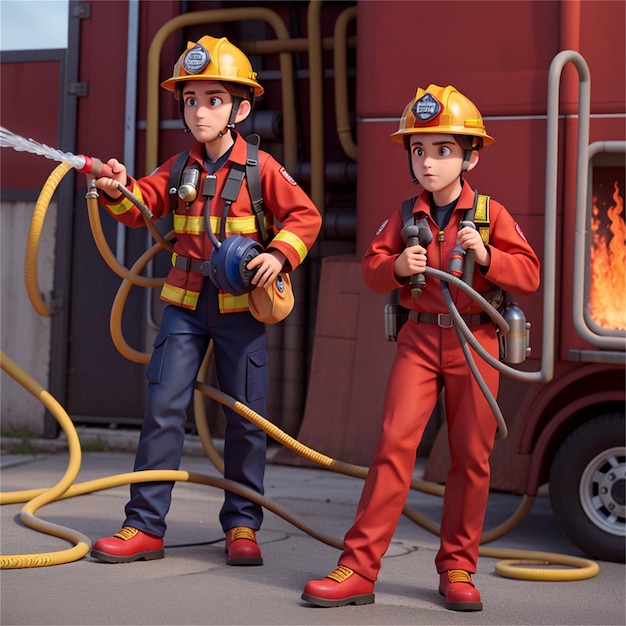 dois bombeiros com bombeiros nas costas e um com capacete vermelho e amarelo.
