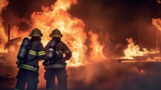 Dois bombeiros observando um incêndio com as palavras fogo na parede