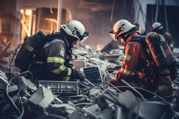 Dois bombeiros parados ao lado de uma pilha de escombros Imagem generativa de IA