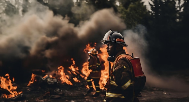 Dois bombeiros procuram vítimas das chamas furiosas da guerra.