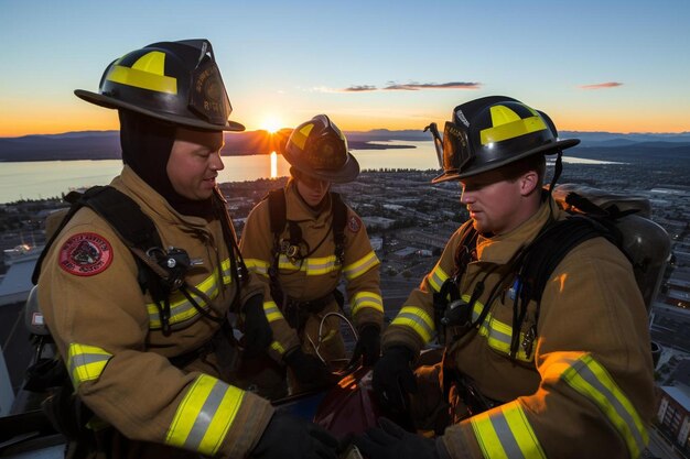 dois bombeiros sentados no topo de um edifício com um pôr do sol no fundo
