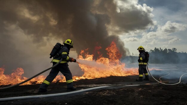 Foto dois bombeiros tentando apagar o incêndio na floresta cercada por fumaça