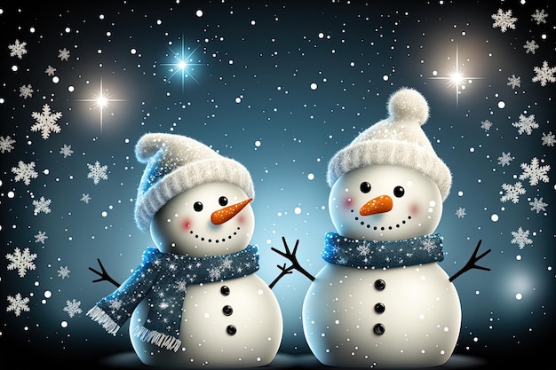 Dois bonecos de neve com estrelas e flocos de neve