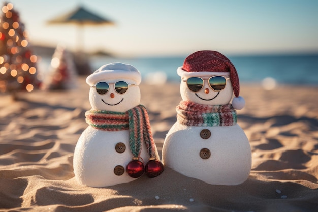 Dois bonecos de neve de Sandy Christmas estão comemorando o Natal em uma bela praia Generative AI