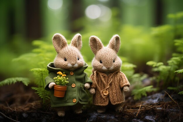 dois bonitos coelhinhos de brinquedo de tricô em um fundo florestal