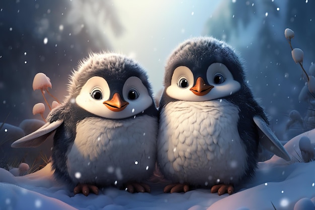 Dois bonitos pinguins bebês em estilo de desenho animado sob a neve que cai