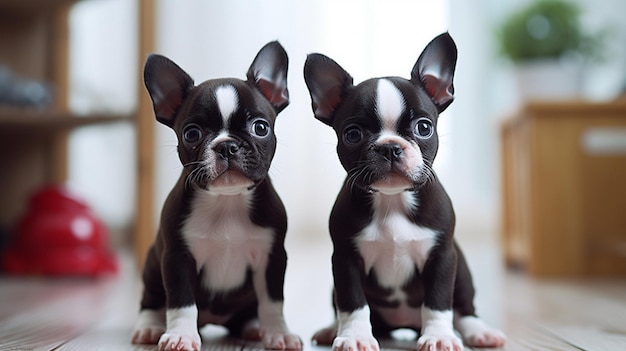 Foto dois boston terriers sentados em uma mesa