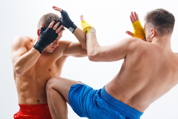 Dois boxeadores de homens lutando fundo branco muay thai chute joelheira boxe.