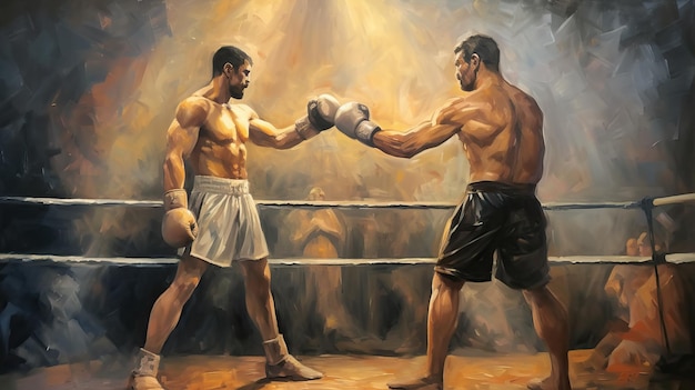 Dois boxeadores se enfrentando em um ringue de boxe pintura a óleo intensa