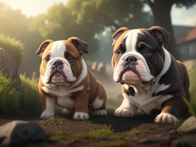 Dois bulldogs em um campo com uma árvore ao fundo