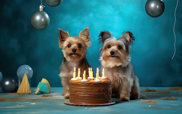 Dois cachorrinhos bonitos e felizes com um bolo de aniversário celebrando em uma festa de aniversário criada com tecnologia de IA generativa