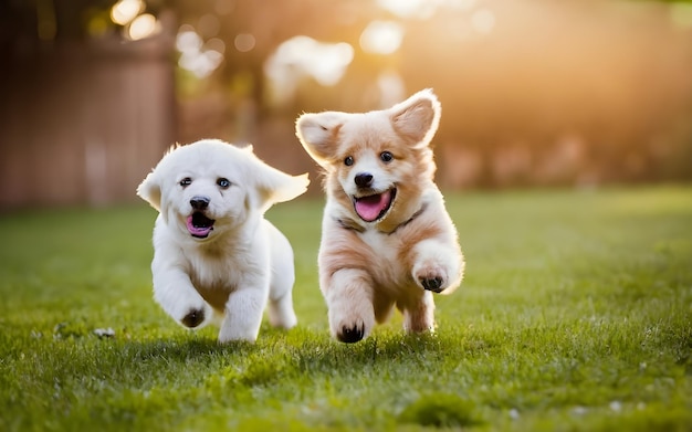 dois cachorrinhos correndo em um campo com o sol atrás deles.