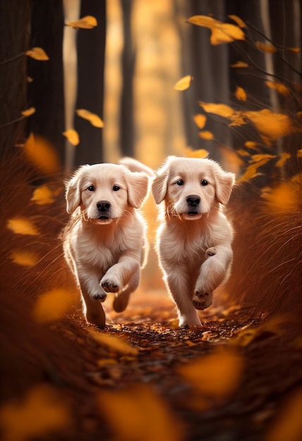 Dois cachorrinhos golden retriever correm pelas folhas amarelas do outono e voam ao redor da IA gerada