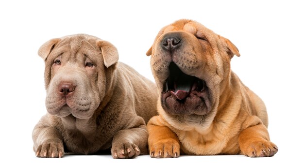 Dois cachorrinhos Shar pei deitados em frente a uma parede branca