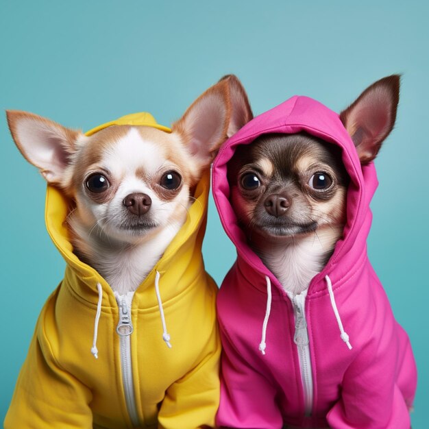 dois cachorrinhos usando casacos brilhantes, sentados um ao lado do outro, IA generativa