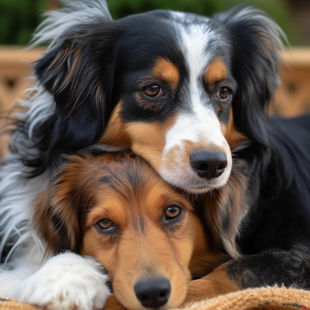 Dois cachorros abraçados em uma cesta.