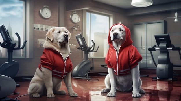 Dois cachorros com moletons vermelhos estão sentados em uma academia com um relógio na parede.