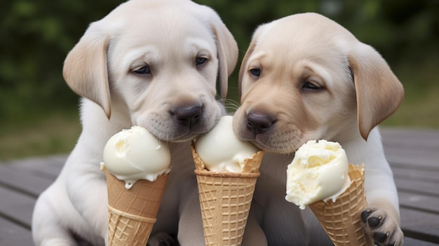 Dois cachorros comendo sorvete em um cone