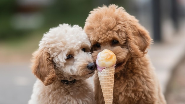 Dois cachorros compartilhando uma casquinha de sorvete com um sendo segurado por um homem