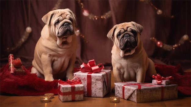 Foto dois cachorros de dachshund com presentes de natal em fundo castanho